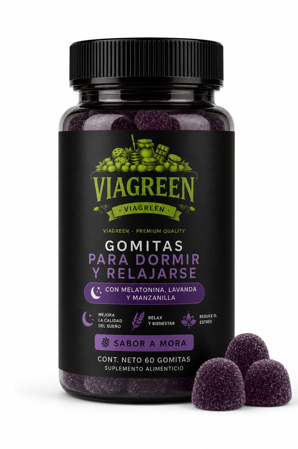 VIAGREEN – Gomitas para Dormir y Relajarse Sabor a Mora-Pack 10 unidades